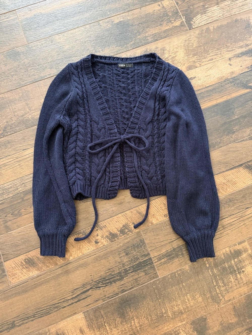 SHEIN Navy Cable Knit Tie-Front Cardigan